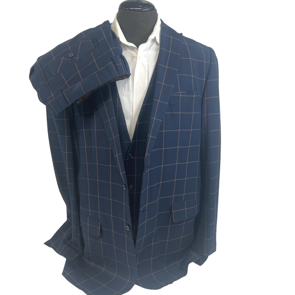 Steven Land Suit 3 Piece 44L‎ 36x30 Blue Henry Windowpane Plaid Dressy